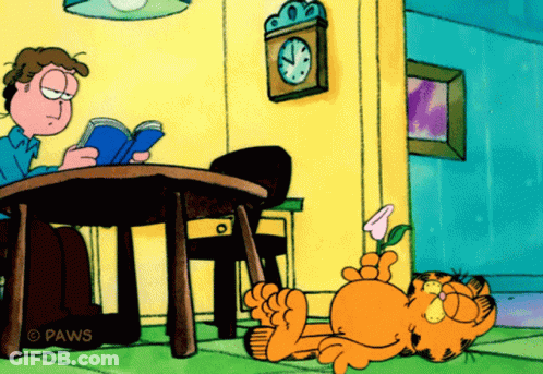 A Cartoon Of Garfield Reading A Book With The Paws Logo On The Bottom GIF