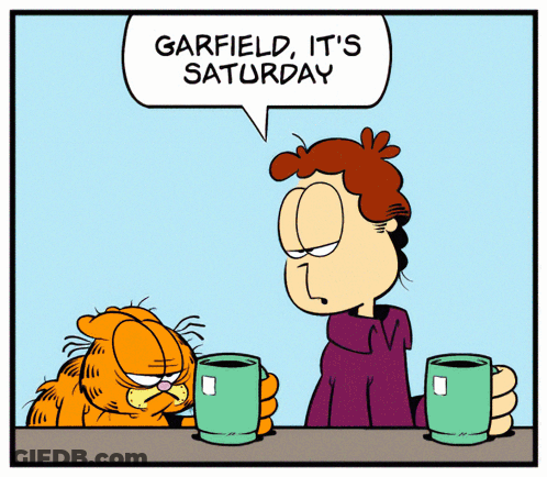 A Cartoon Of Garfield Saying It 'S Saturday While Sitting At A Table GIF