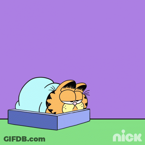 A Cartoon Of Garfield Sleeping In A Bed With A Cloud Above His Head GIF