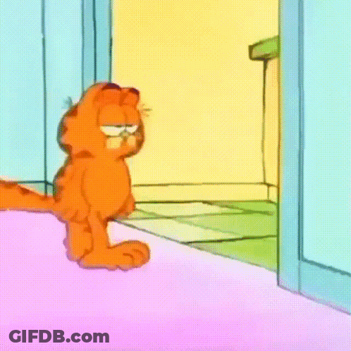 A Cartoon Of Garfield Standing In Front Of A Door With His Mouth Open GIF