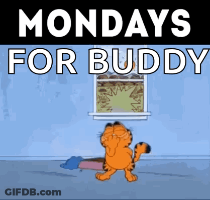 A Cartoon Of Garfield Standing In Front Of A Window With The Words " Mondays For Buddy " Above Him GIF