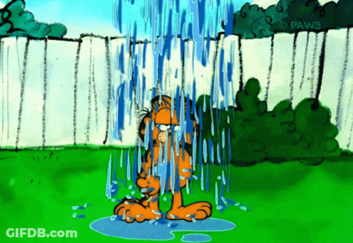 A Cartoon Of Garfield Standing In The Rain With Paws Written On The Bottom Right GIF