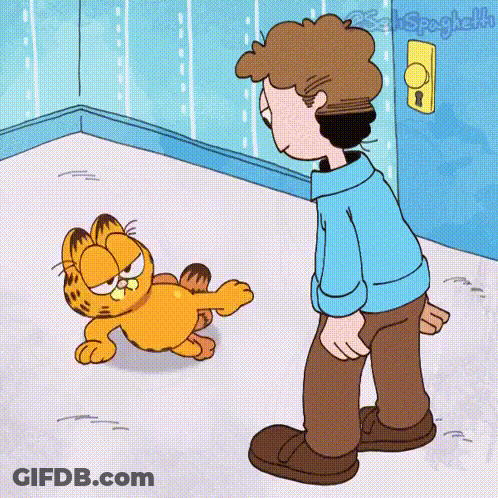A Cartoon Of Garfield Standing Next To A Boy In A Room GIF