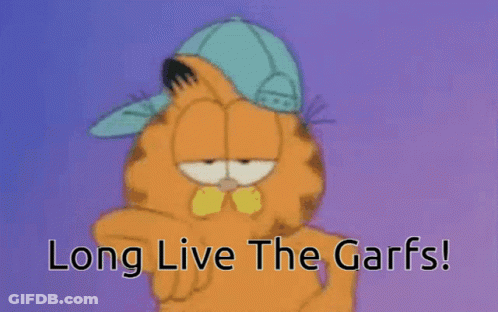 A Cartoon Of Garfield Wearing A Blue Hat And The Words Long Live The Garfs GIF