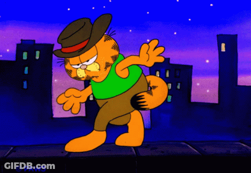 A Cartoon Of Garfield Wearing A Cowboy Hat And Green Shirt GIF