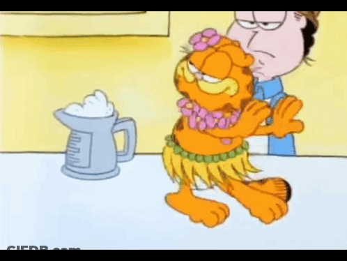 A Cartoon Of Garfield Wearing A Hula Skirt GIF