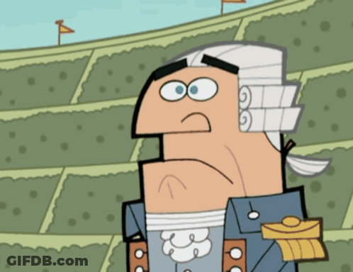 A Cartoon Of George Washington Standing In A Stadium With Flags In The Background GIF