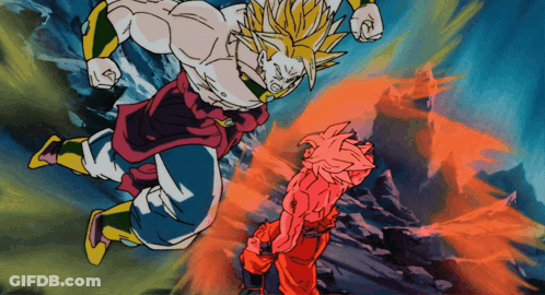 A Cartoon Of Goku And Broly Fighting Each Other With A Blue Background GIF