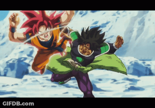 A Cartoon Of Goku And Broly Fighting With A Mountain In The Background GIF