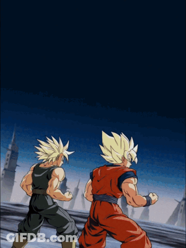 A Cartoon Of Goku And Trunks Fighting Each Other GIF