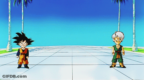 A Cartoon Of Goku And Trunks Standing Next To Each Other In Front Of Palm Trees GIF