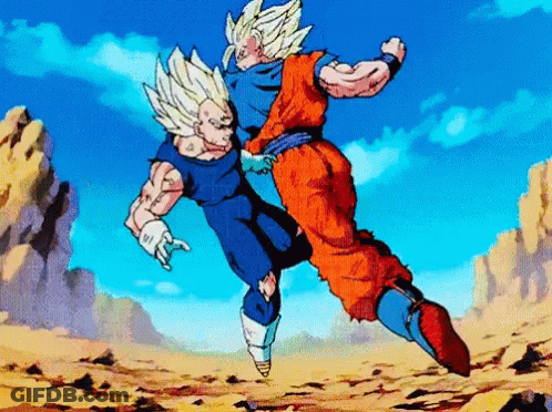 A Cartoon Of Goku And Vegeta Fighting Each Other In The Air GIF