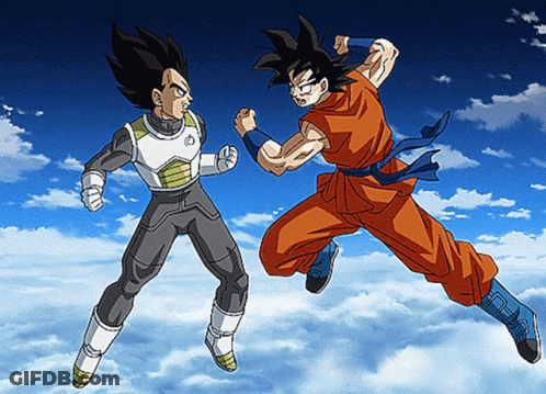 A Cartoon Of Goku And Vegeta Fighting Each Other In The Sky GIF
