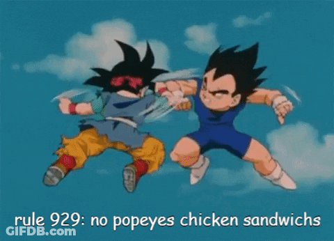 A Cartoon Of Goku And Vegeta Fighting With The Caption Rule 929 : No Popeyes Chicken Sandwiches GIF
