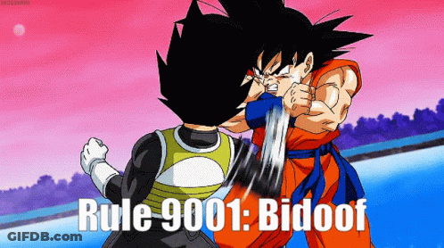 A Cartoon Of Goku And Vegeta Fighting With The Words Rule 9001 Bidoof Above Them GIF