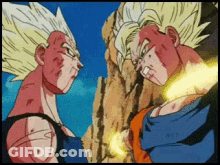 A Cartoon Of Goku And Vegeta Standing Next To Each Other Looking At Each Other GIF