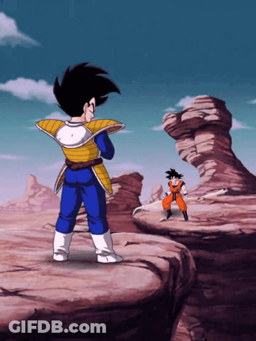 A Cartoon Of Goku And Vegeta Standing Next To Each Other On A Cliff GIF