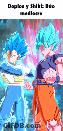 A Cartoon Of Goku And Vegeta Standing Next To Each Other With The Caption " Dopios Y Shiki : Duo Mediocre " GIF
