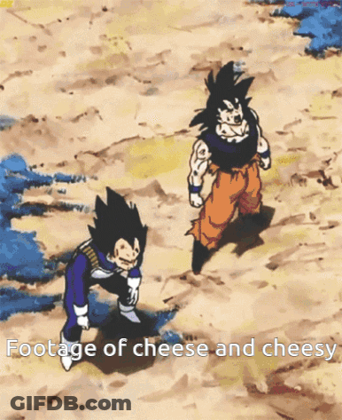 A Cartoon Of Goku And Vegeta Standing Next To Each Other With The Caption Footage Of Cheese And Cheesy GIF