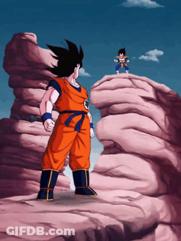 A Cartoon Of Goku And Vegeta Standing On Top Of A Rocky Cliff GIF