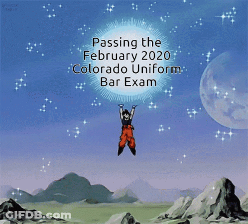 A Cartoon Of Goku Flying Through The Air With The Words " Passing The February 2020 Colorado Uniform Bar Exam " GIF