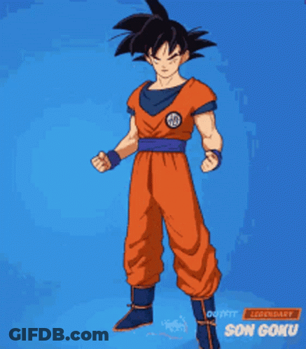 A Cartoon Of Goku From Dragon Ball Z Standing On A Blue Background . GIF