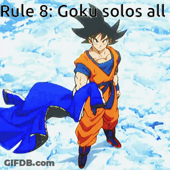A Cartoon Of Goku Standing In The Snow With The Words Rule 8 Goku Solos All Below Him GIF