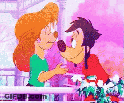 A Cartoon Of Goofy And A Woman Kissing GIF