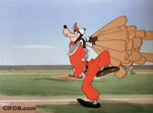 A Cartoon Of Goofy Carrying A Bunch Of Baseball Bats On His Back GIF