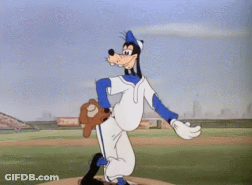A Cartoon Of Goofy Getting Ready To Pitch A Ball GIF