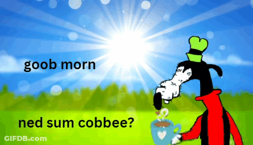 A Cartoon Of Goofy Holding A Cup Of Coffee GIF