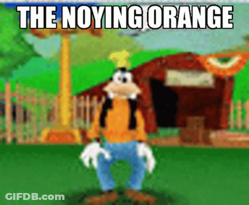 A Cartoon Of Goofy Standing In Front Of A Barn With The Words The Noying Orange Above Him GIF