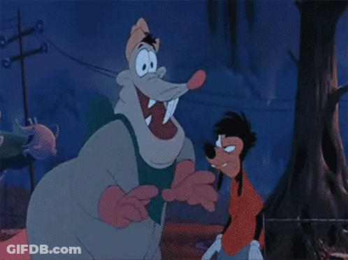 A Cartoon Of Goofy Standing Next To A Giant Rat GIF
