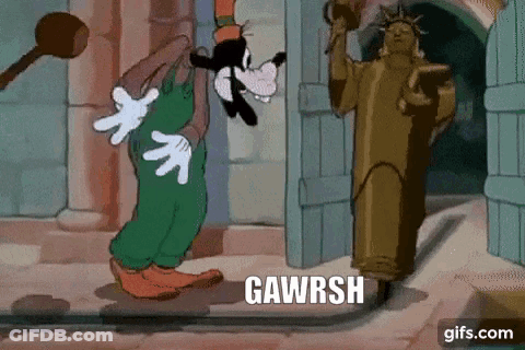 A Cartoon Of Goofy Standing Next To A Statue Of Liberty With The Words Gawrsh Written On It . GIF