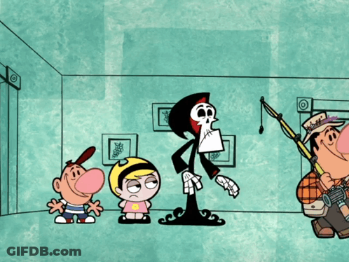 A Cartoon Of Grim Reaper Standing Next To A Boy And A Girl GIF