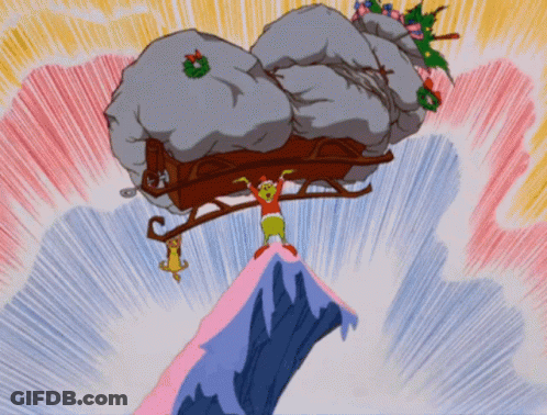 A Cartoon Of Grinch Riding A Sleigh On Top Of A Snow Covered Mountain GIF