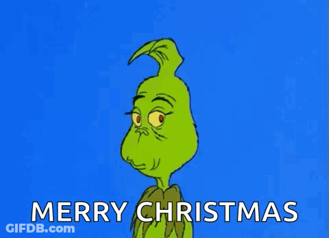 A Cartoon Of Grinch Says Merry Christmas On A Blue Background . GIF