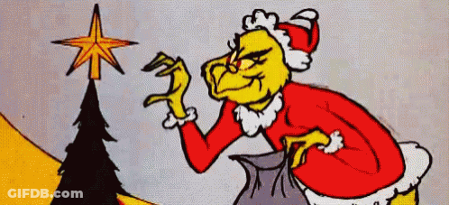 A Cartoon Of Grinch Standing Next To A Christmas Tree With A Star On Top Of It . GIF