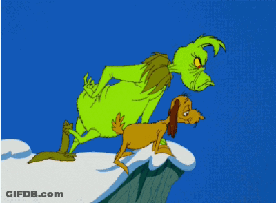 A Cartoon Of Grinch Standing Next To A Dog On A Snowy Cliff GIF