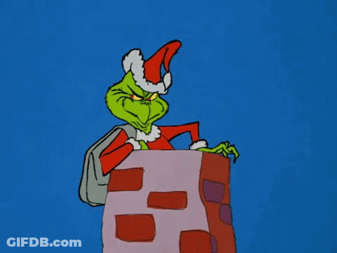 A Cartoon Of Grinch Wearing A Santa Hat And Carrying A Bag GIF