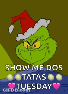 A Cartoon Of Grinch Wearing A Santa Hat And Saying Show Me Dos Tatas Tuesday . GIF