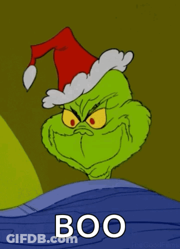 A Cartoon Of Grinch Wearing A Santa Hat And The Word Boo Below Him GIF