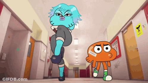 A Cartoon Of Gumball And Darwin Standing In A Hallway With A Sticker That Says ' A ' On It GIF