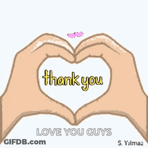 A Cartoon Of Hands Making A Heart With The Words Thank You Written On It GIF