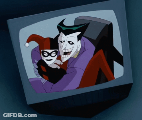 A Cartoon Of Harley Quinn And The Joker On A TV Screen GIF