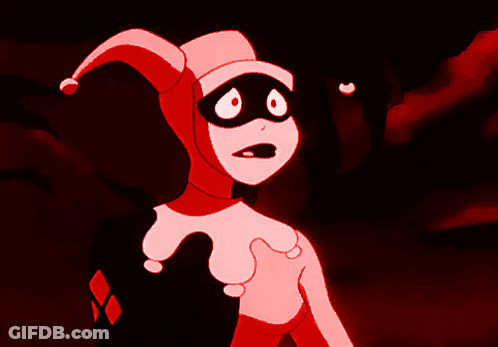 A Cartoon Of Harley Quinn In A Red And Black Outfit GIF