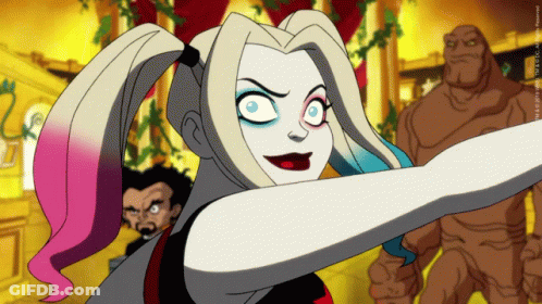 A Cartoon Of Harley Quinn Is Standing In Front Of A Statue GIF