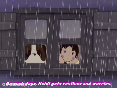 A Cartoon Of Heidi And Her Dog Looking Out A Window With The Caption On Such Days Heidi Gets Restless And Worries GIF
