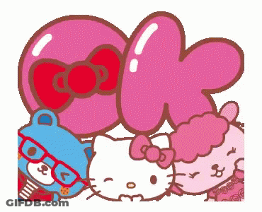 A Cartoon Of Hello Kitty And A Teddy Bear With Glasses GIF