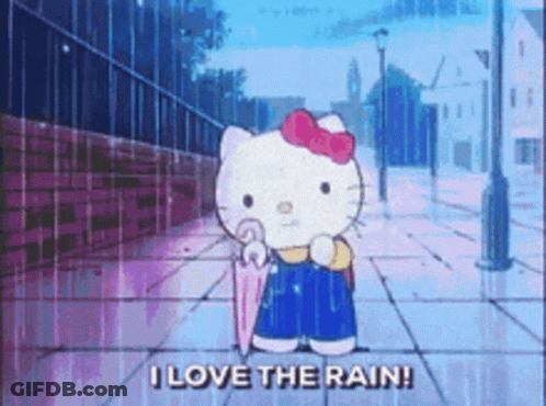 A Cartoon Of Hello Kitty Holding An Umbrella And Saying " I Love The Rain " GIF